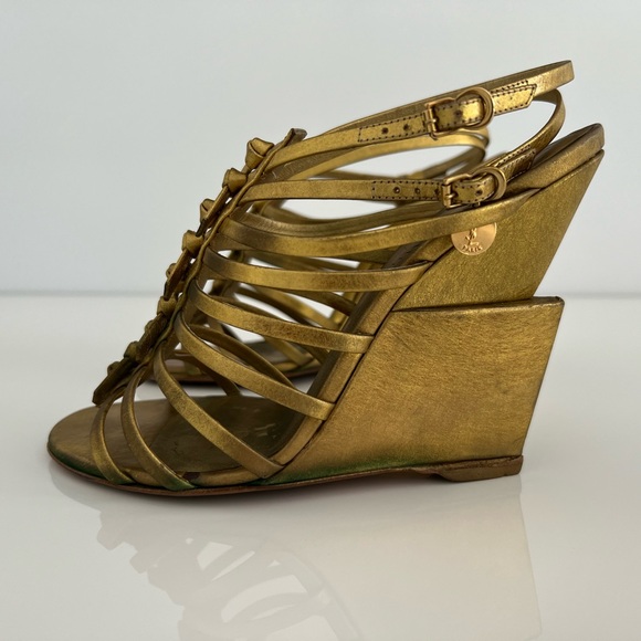 YVES SAINT LAURENT BRONZE GOLD GLADIATOR WEDGE SANDALS SIZE IT 37.5 / US 7.5 - Picture 9 of 17
